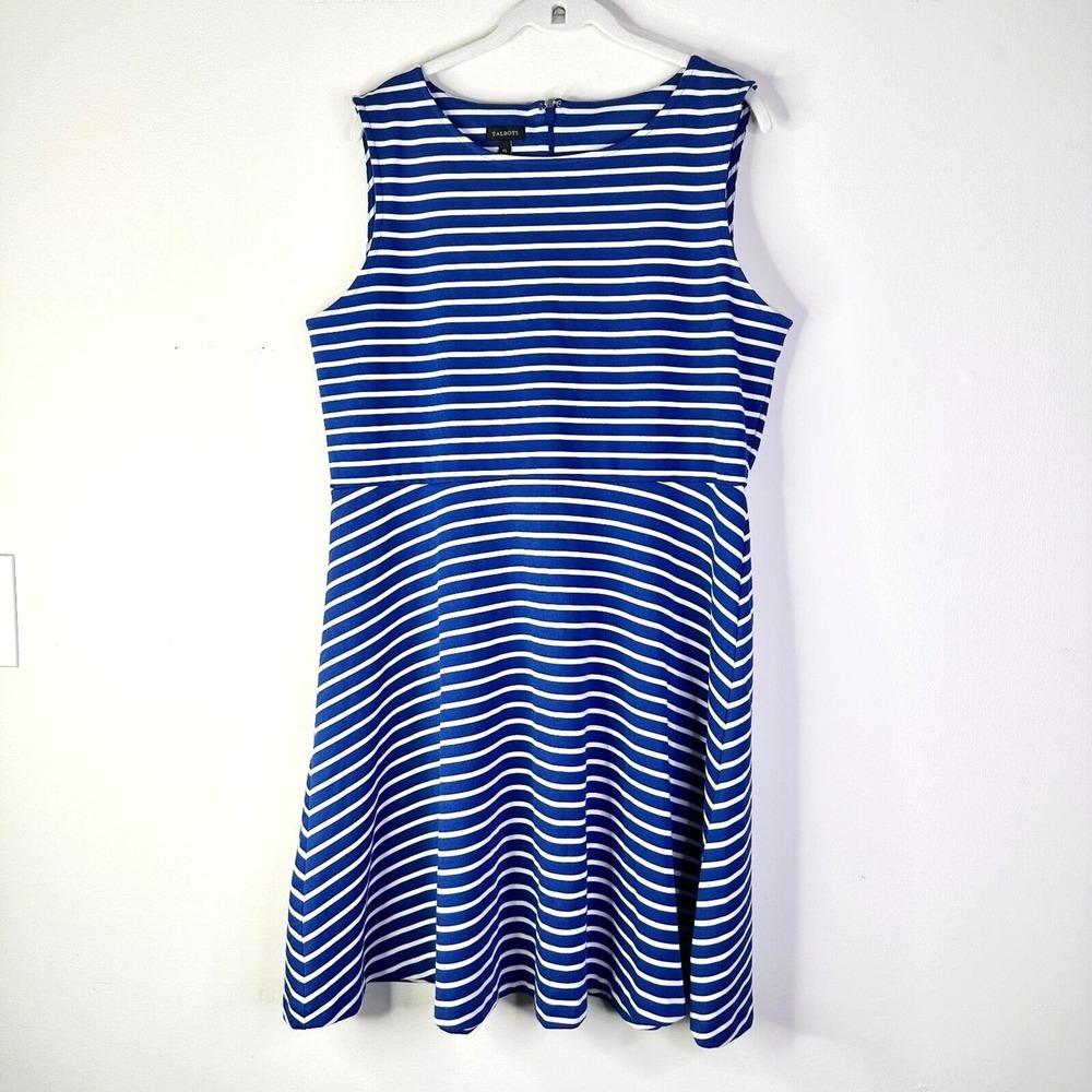 Talbots‎ Dress Women XL Edie Fit n Flare Navy Blue Nautical Stripe Preppy NWOT